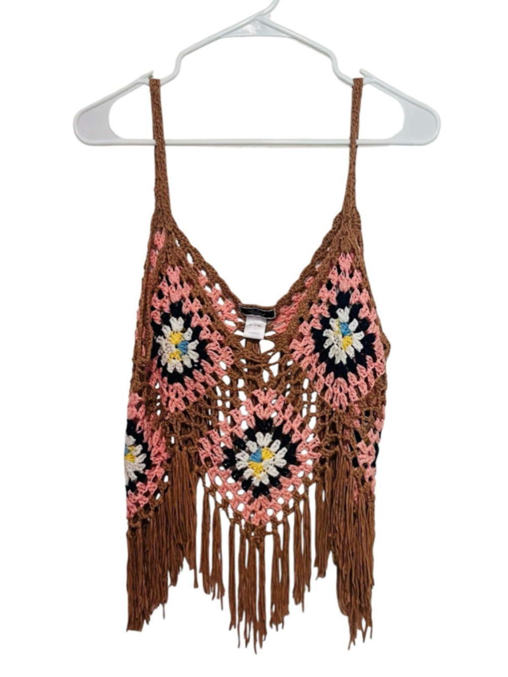 Vintage Vivid Y2K Crochet Boho Sleeveless Cami Top Large Granny Square Festival